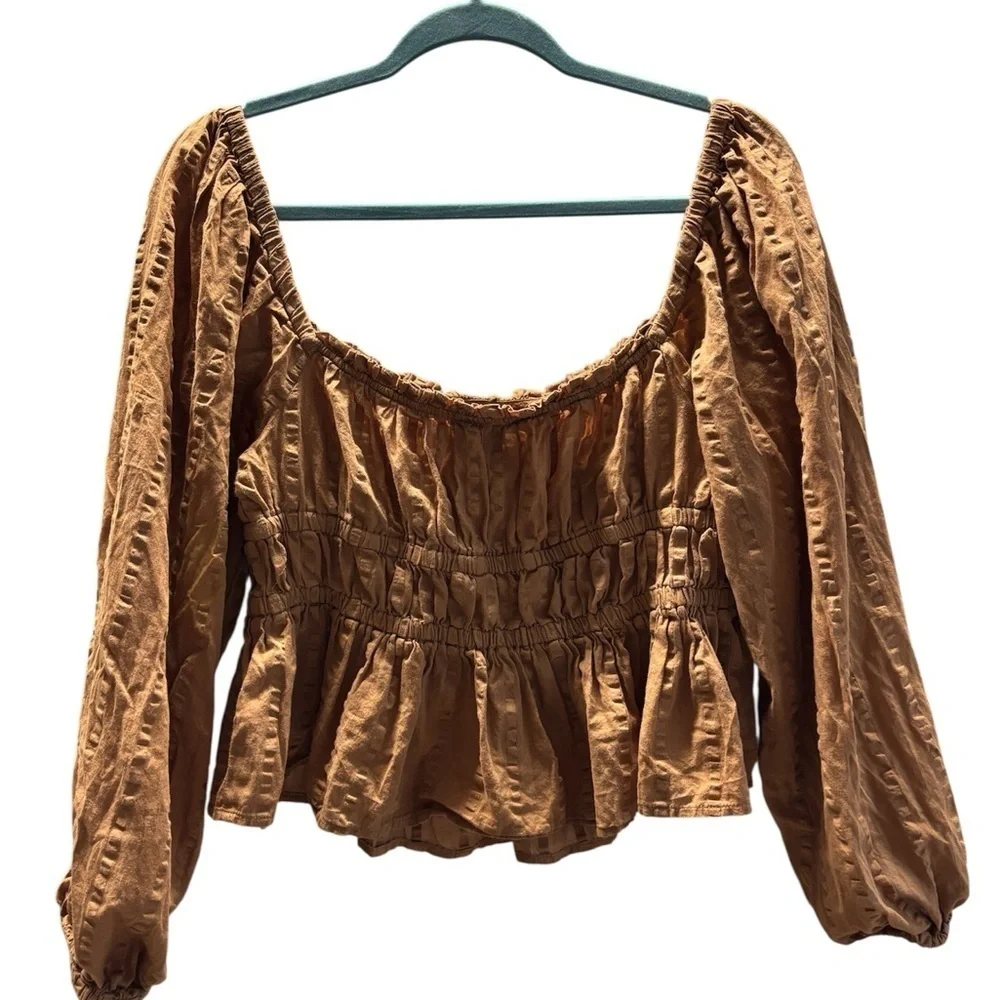 J.CREW Re-Imagined Brown Smocked Peplum Blouse | Size L